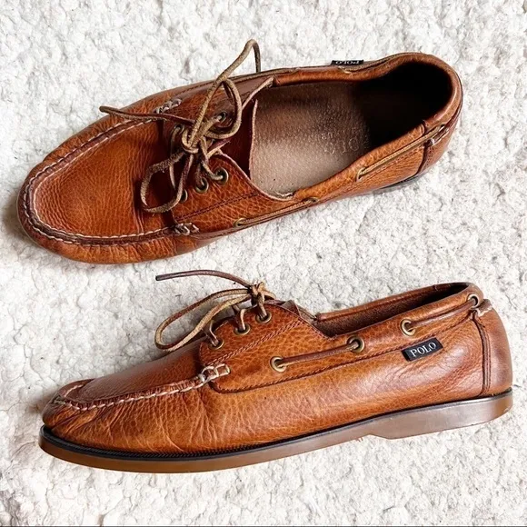 Polo Ralph Lauren Bienne Boat Tan Oiled Tumbled Leather Shoe Size 10