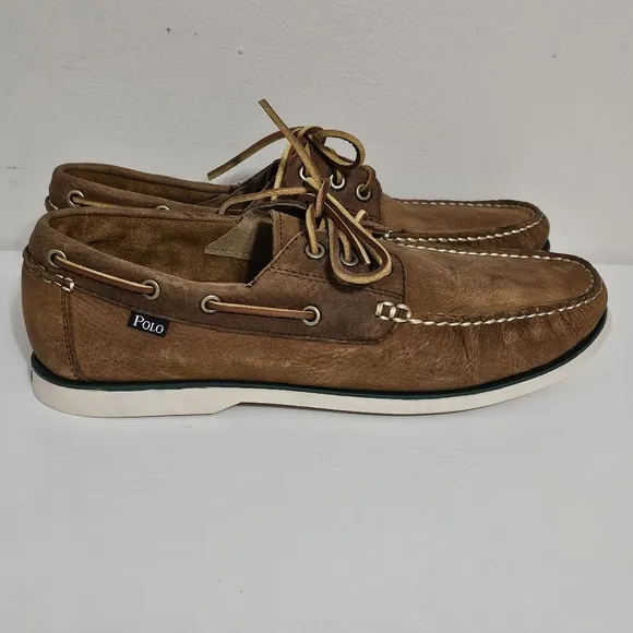Polo Ralph Lauren Men's Bienne Tumbled Tan Leather Boat Shoes Size US 11.5D