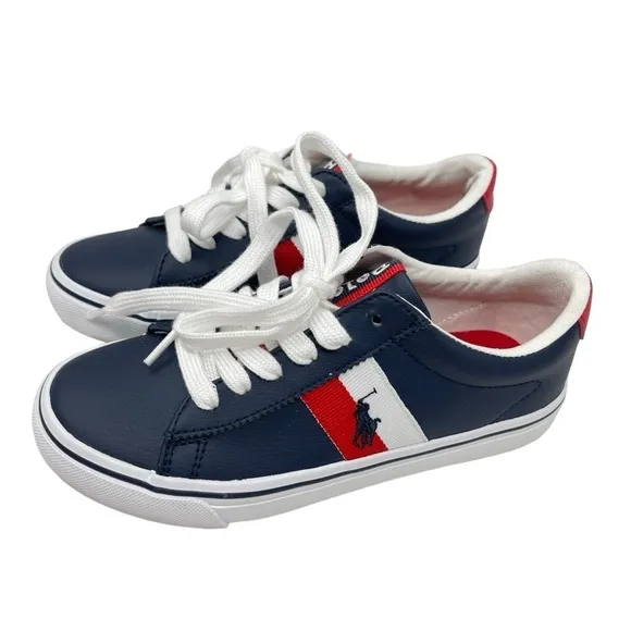 Polo Ralph Lauren Boys Size 1 Westcott 11 tie shoes Red Navy white leather New