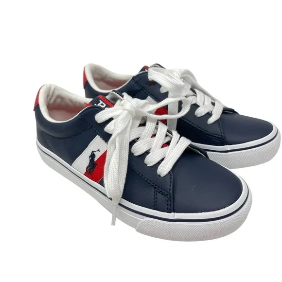 Polo Ralph Lauren Boys Size 1 Westcott 11 tie shoes Red Navy white leather New
