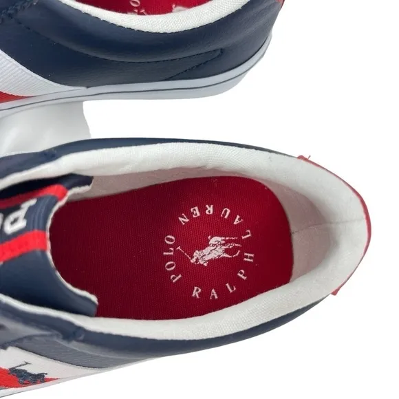 Polo Ralph Lauren Boys Size 1 Westcott 11 tie shoes Red Navy white leather New