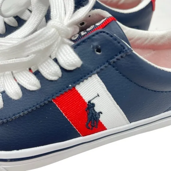 Polo Ralph Lauren Boys Size 1 Westcott 11 tie shoes Red Navy white leather New