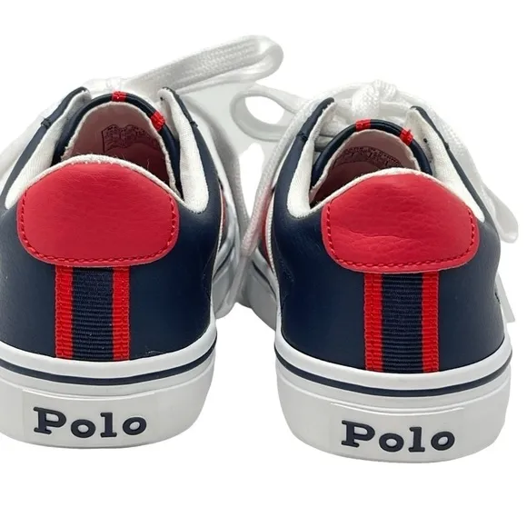 Polo Ralph Lauren Boys Size 1 Westcott 11 tie shoes Red Navy white leather New