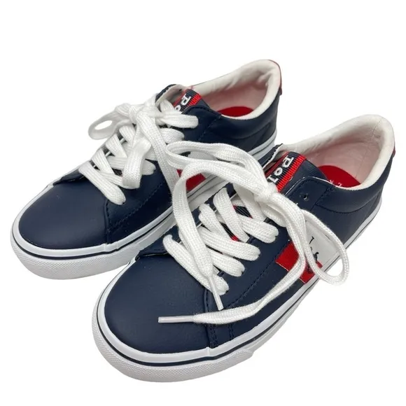 Polo Ralph Lauren Boys Size 1 Westcott 11 tie shoes Red Navy white leather New