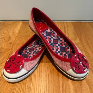 Pre-owned Tory Burch Channing Red and white canvas Sneakers / Flats Size 6.5