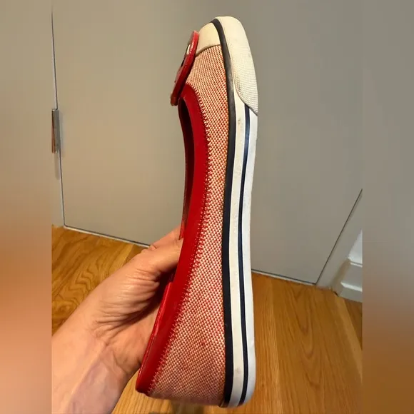 Pre-owned Tory Burch Channing Red and white canvas Sneakers / Flats Size 6.5