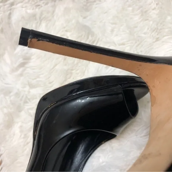 Rachel Roy Designer Peep Toe Black Patent Leather Stiletto Heels, Leather Soles