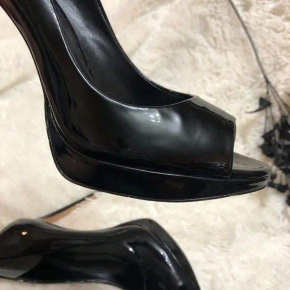 Rachel Roy Designer Peep Toe Black Patent Leather Stiletto Heels, Leather Soles