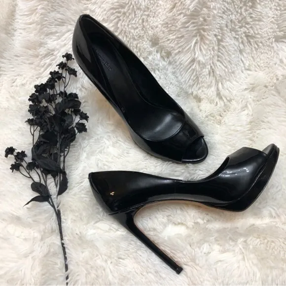 Rachel Roy Designer Peep Toe Black Patent Leather Stiletto Heels, Leather Soles