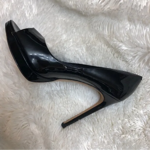 Rachel Roy Designer Peep Toe Black Patent Leather Stiletto Heels, Leather Soles