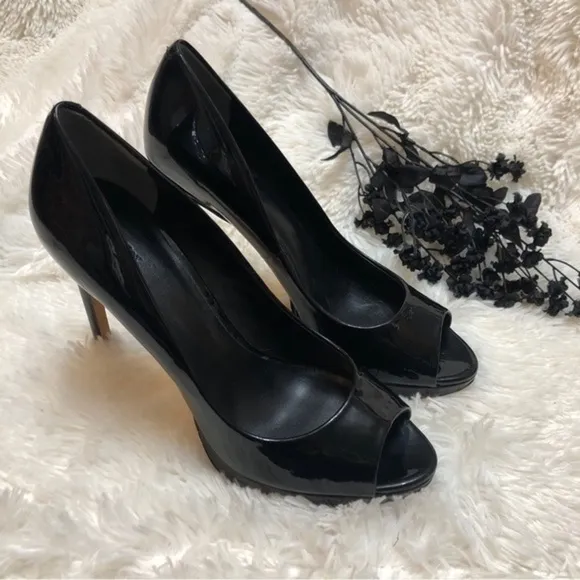 Rachel Roy Designer Peep Toe Black Patent Leather Stiletto Heels, Leather Soles