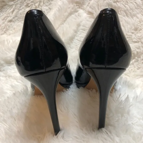 Rachel Roy Designer Peep Toe Black Patent Leather Stiletto Heels, Leather Soles