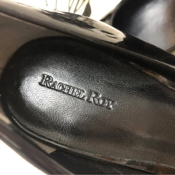 Rachel Roy Designer Peep Toe Black Patent Leather Stiletto Heels, Leather Soles