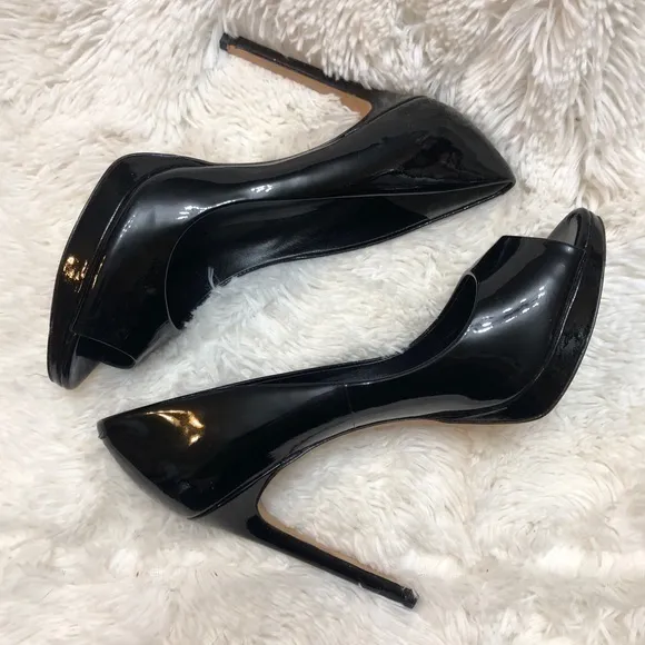 Rachel Roy Designer Peep Toe Black Patent Leather Stiletto Heels, Leather Soles