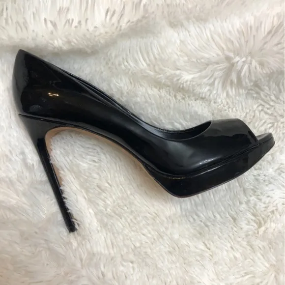 Rachel Roy Designer Peep Toe Black Patent Leather Stiletto Heels, Leather Soles