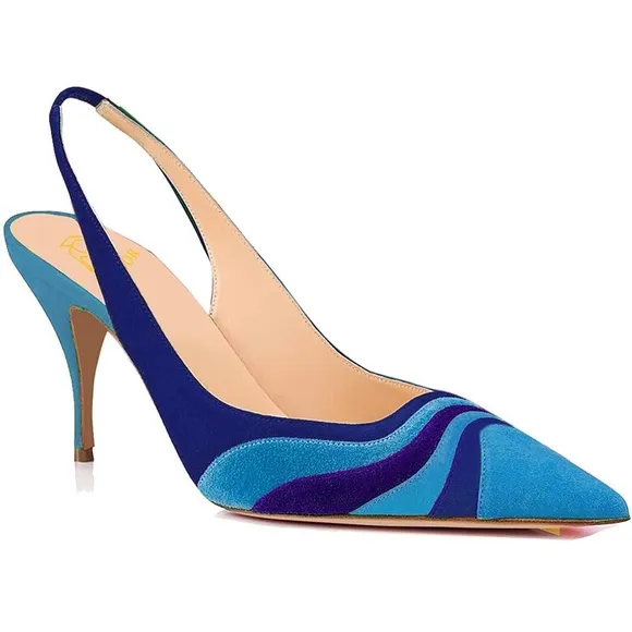 Rainbow Slingback Pumps Kitten Heels Pointed Toe Suede Pumps Stiletto Elastic