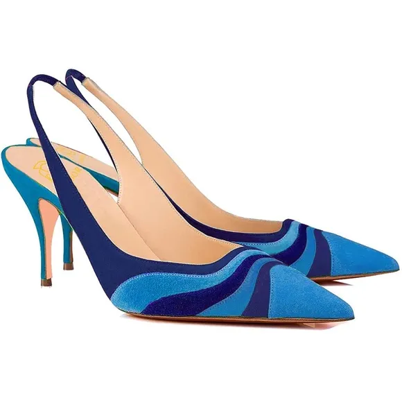 Rainbow Slingback Pumps Kitten Heels Pointed Toe Suede Pumps Stiletto Elastic