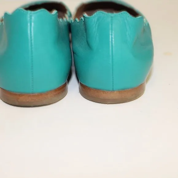 REDUCED Chloe Lauren Scalloped Leather Ballet Flats Turquoise Leather Shoes 37 7