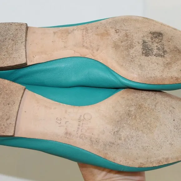 REDUCED Chloe Lauren Scalloped Leather Ballet Flats Turquoise Leather Shoes 37 7
