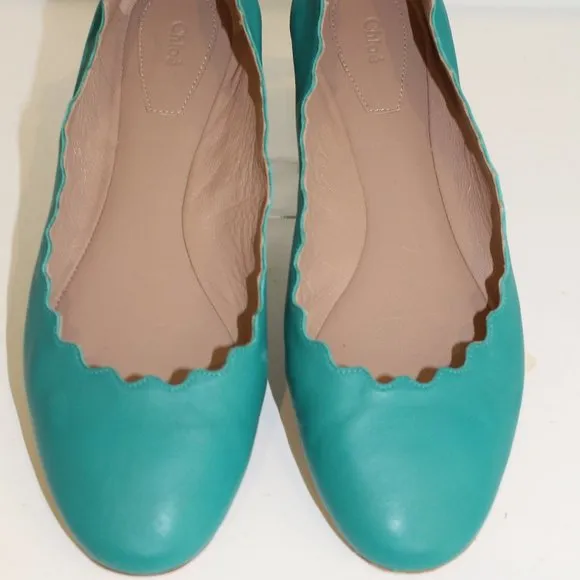 REDUCED Chloe Lauren Scalloped Leather Ballet Flats Turquoise Leather Shoes 37 7
