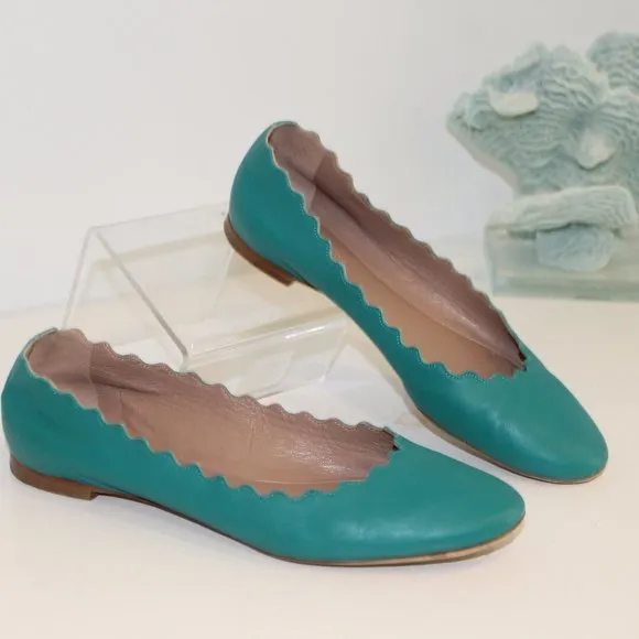 REDUCED Chloe Lauren Scalloped Leather Ballet Flats Turquoise Leather Shoes 37 7