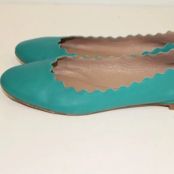 REDUCED Chloe Lauren Scalloped Leather Ballet Flats Turquoise Leather Shoes 37 7