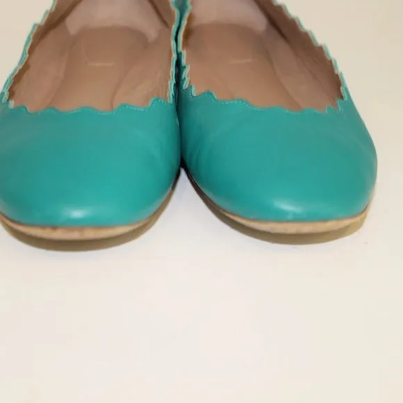 REDUCED Chloe Lauren Scalloped Leather Ballet Flats Turquoise Leather Shoes 37 7