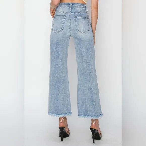 RISEN High-Rise Waist Pants Wide Leg Cropped Frayed Hem Boyfriend Denim Jeans