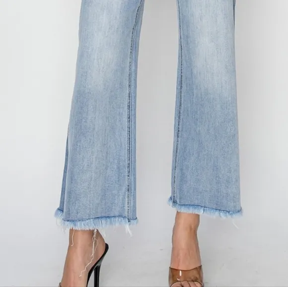 RISEN High-Rise Waist Pants Wide Leg Cropped Frayed Hem Boyfriend Denim Jeans