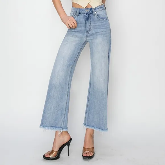 RISEN High-Rise Waist Pants Wide Leg Cropped Frayed Hem Boyfriend Denim Jeans