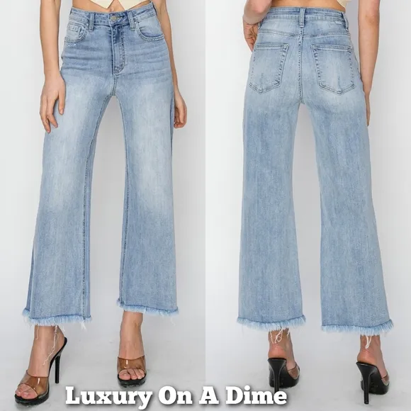 RISEN High-Rise Waist Pants Wide Leg Cropped Frayed Hem Boyfriend Denim Jeans