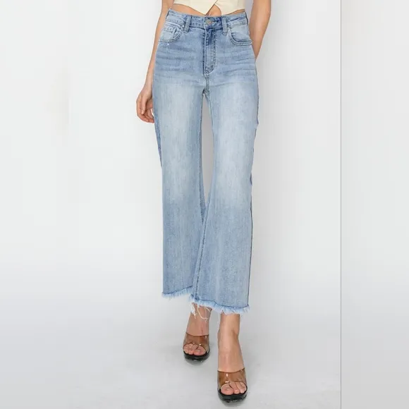 RISEN High-Rise Waist Pants Wide Leg Cropped Frayed Hem Boyfriend Denim Jeans