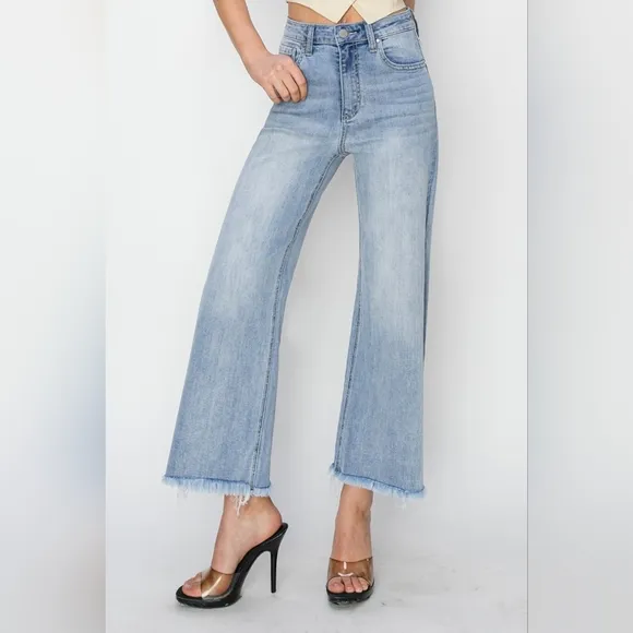 RISEN High-Rise Waist Pants Wide Leg Cropped Frayed Hem Boyfriend Denim Jeans