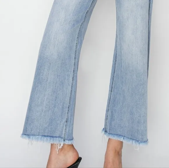 RISEN High-Rise Waist Pants Wide Leg Cropped Frayed Hem Boyfriend Denim Jeans