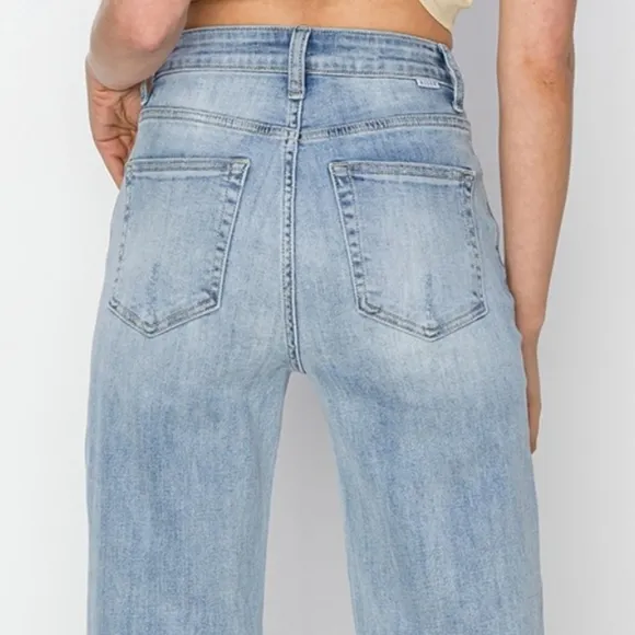 RISEN High-Rise Waist Pants Wide Leg Cropped Frayed Hem Boyfriend Denim Jeans