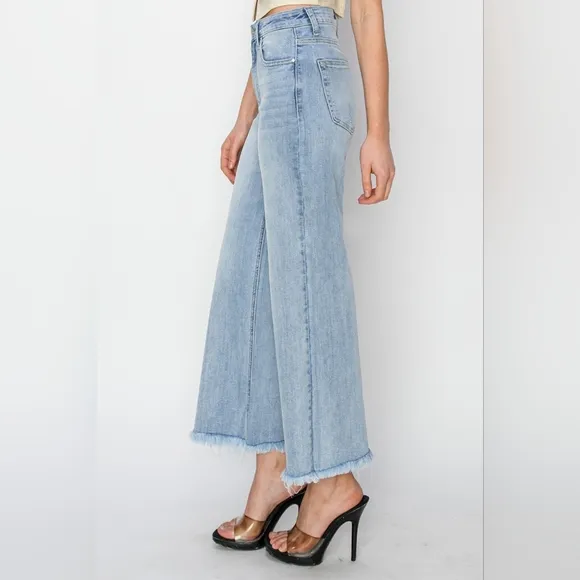 RISEN High-Rise Waist Pants Wide Leg Cropped Frayed Hem Boyfriend Denim Jeans