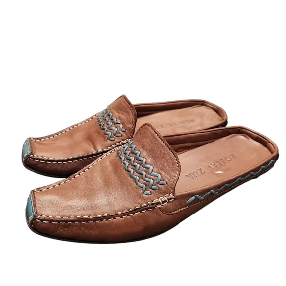 Robert Zur Vega BB Learher Loafers Mule Shoes Brown Turquoise 7M Retro Designer