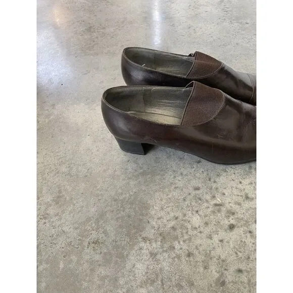 Robert Clergerie Heels Shoes Brown Leather Almond Toe Chunky Heel 9