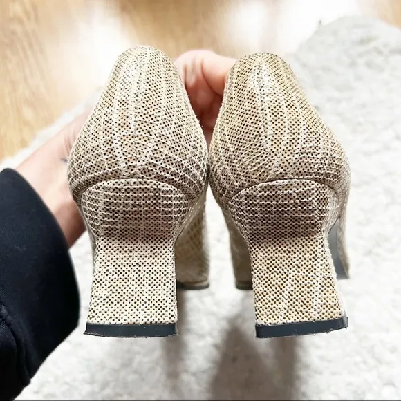 S. WEITZMAN: Shiny Suede (Faux Snake) Cream Brown Square Toed Heels Size 7.5B