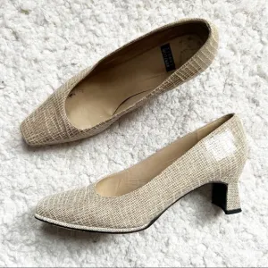 S. WEITZMAN: Shiny Suede (Faux Snake) Cream Brown Square Toed Heels Size 7.5B