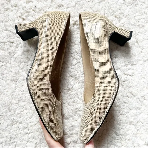 S. WEITZMAN: Shiny Suede (Faux Snake) Cream Brown Square Toed Heels Size 7.5B
