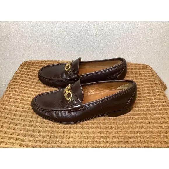 Salvatore Ferragamo Gancini bit‎ loafer Men's Sz 7 2E WIDE Brown Leather Shoes