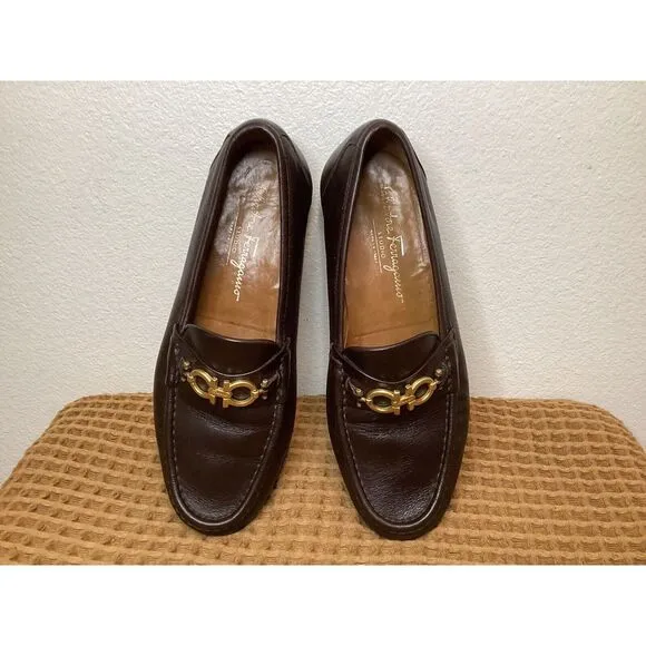 Salvatore Ferragamo Gancini bit‎ loafer Men's Sz 7 2E WIDE Brown Leather Shoes