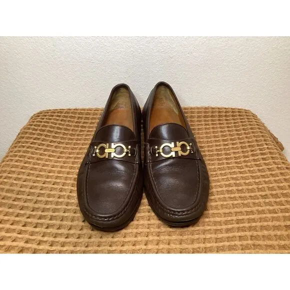 Salvatore Ferragamo Gancini bit‎ loafer Men's Sz 7 2E WIDE Brown Leather Shoes