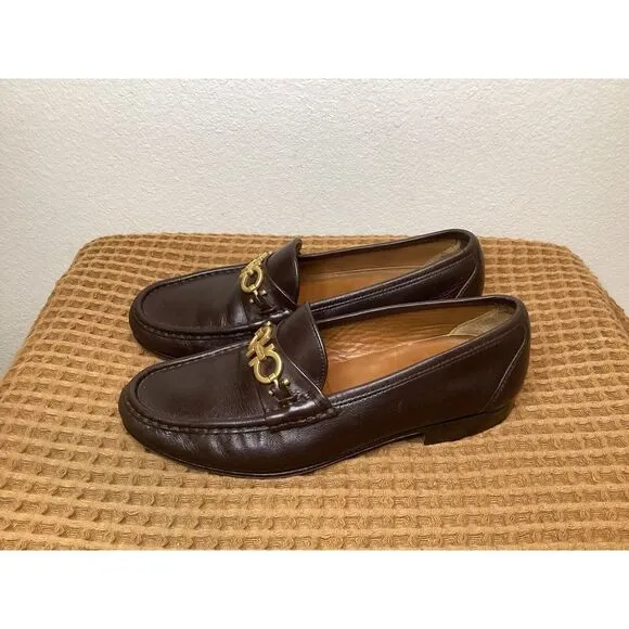 Salvatore Ferragamo Gancini bit‎ loafer Men's Sz 7 2E WIDE Brown Leather Shoes