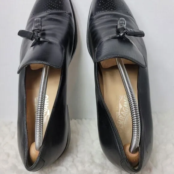 Salvatore Ferragamo Mens Black Leather Tassel Loader Shoes Size 10 D Lavorazione