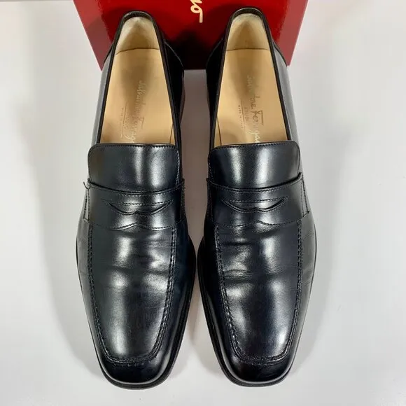 Salvatore Ferragamo Studio Mens Black Leather Penny Loafers 9.5D w/ Box Italian