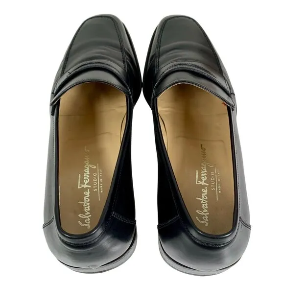 Salvatore Ferragamo Studio Mens Black Leather Penny Loafers 9.5D w/ Box Italian