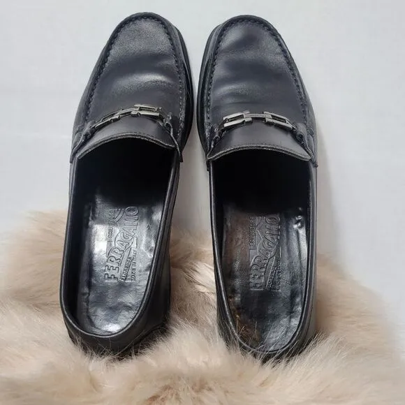 Salvatore Ferragamo Buckle Black Leather Loafer Shoes Size 9D