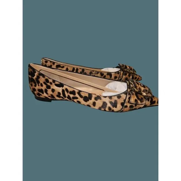 Sam Edelman Sonja Brown Leopard  Dyed Cow Hair Pointed Toe Buckle Flat Shoes 7M